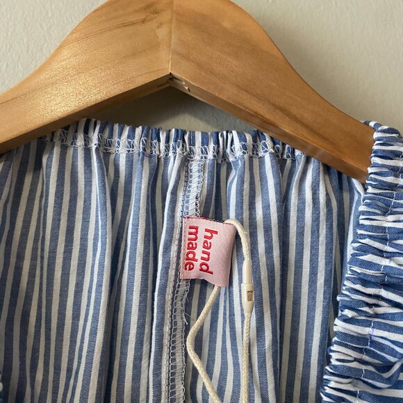 Handmade Children's Blue White Stripes Upcycled 100% Cotton Ruffle Dress - Picture 3 of 15